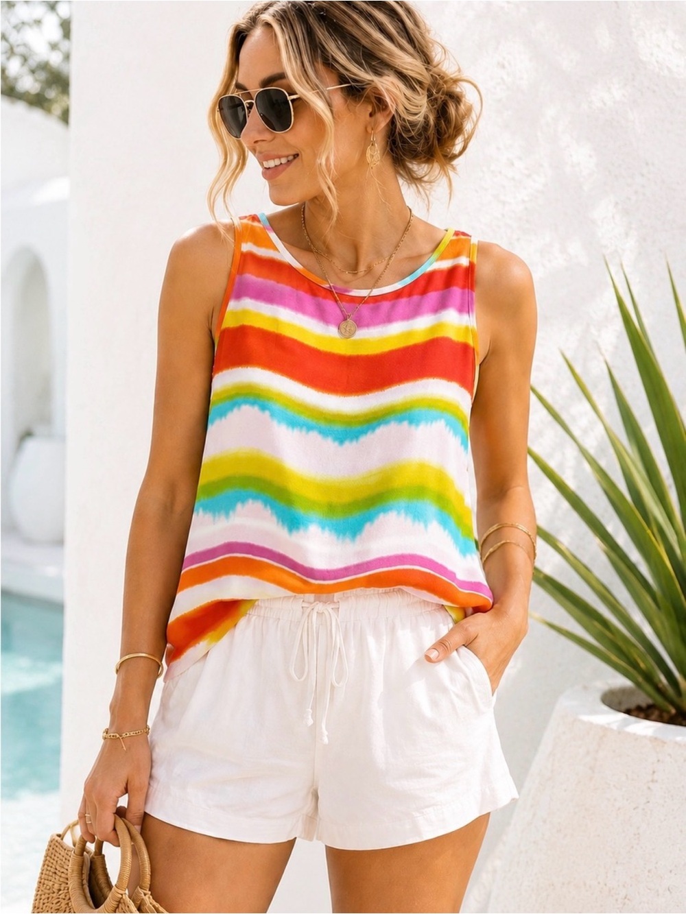 Multicolor Rainbow Stripe Tank Top | Boho Summer Beach Vacation Top Size Medium